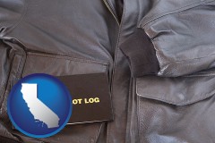 california map icon and an leather aviator jacket and pilot log book
