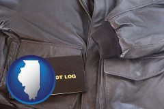 illinois map icon and an leather aviator jacket and pilot log book