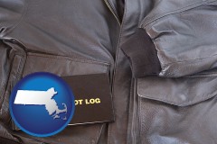 massachusetts map icon and an leather aviator jacket and pilot log book