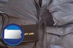 pennsylvania an leather aviator jacket and pilot log book