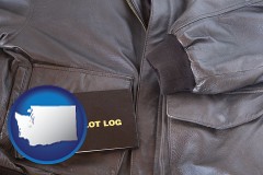 washington map icon and an leather aviator jacket and pilot log book