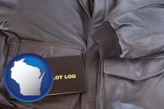 wisconsin map icon and an leather aviator jacket and pilot log book