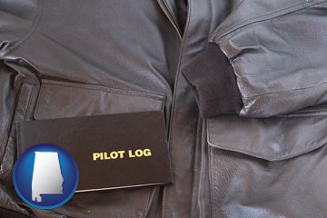 an leather aviator jacket and pilot log book - with Alabama icon
