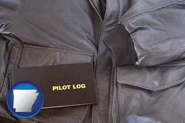 an leather aviator jacket and pilot log book - with Arkansas icon