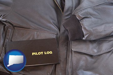 an leather aviator jacket and pilot log book - with Connecticut icon