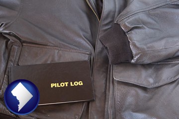 an leather aviator jacket and pilot log book - with Washington, DC icon