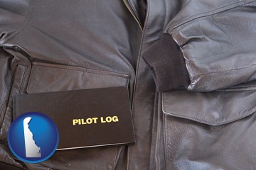 an leather aviator jacket and pilot log book - with Delaware icon