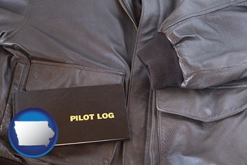 an leather aviator jacket and pilot log book - with Iowa icon