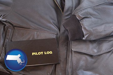 an leather aviator jacket and pilot log book - with Massachusetts icon