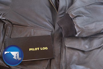 an leather aviator jacket and pilot log book - with Maryland icon