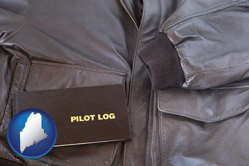 an leather aviator jacket and pilot log book - with Maine icon