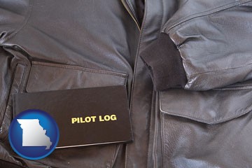 an leather aviator jacket and pilot log book - with Missouri icon