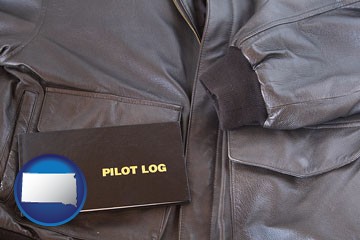 an leather aviator jacket and pilot log book - with South Dakota icon