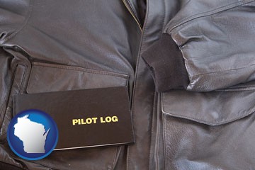 an leather aviator jacket and pilot log book - with Wisconsin icon